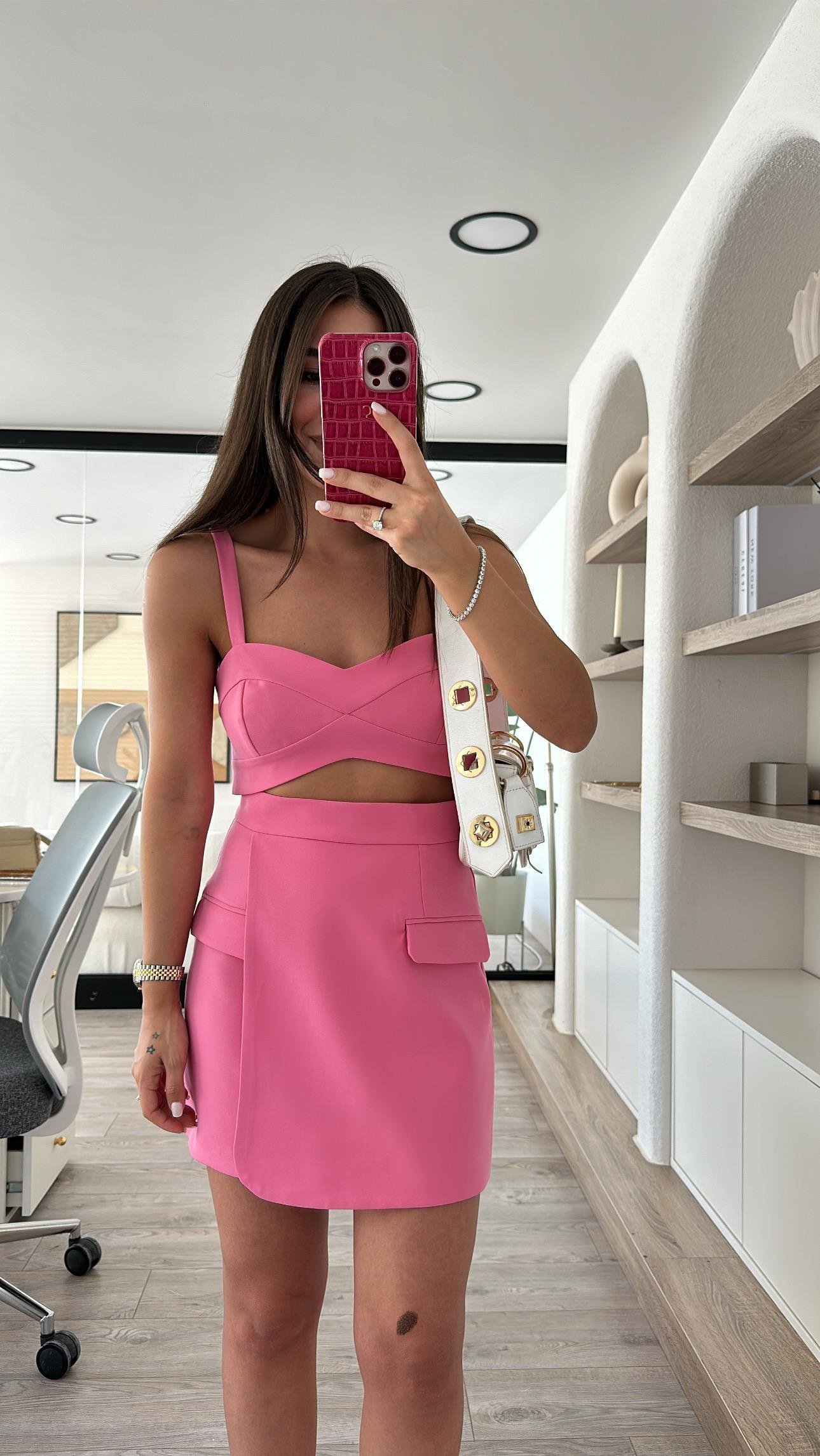 Pembe Ön Cep Detaylı Anvelop Etek