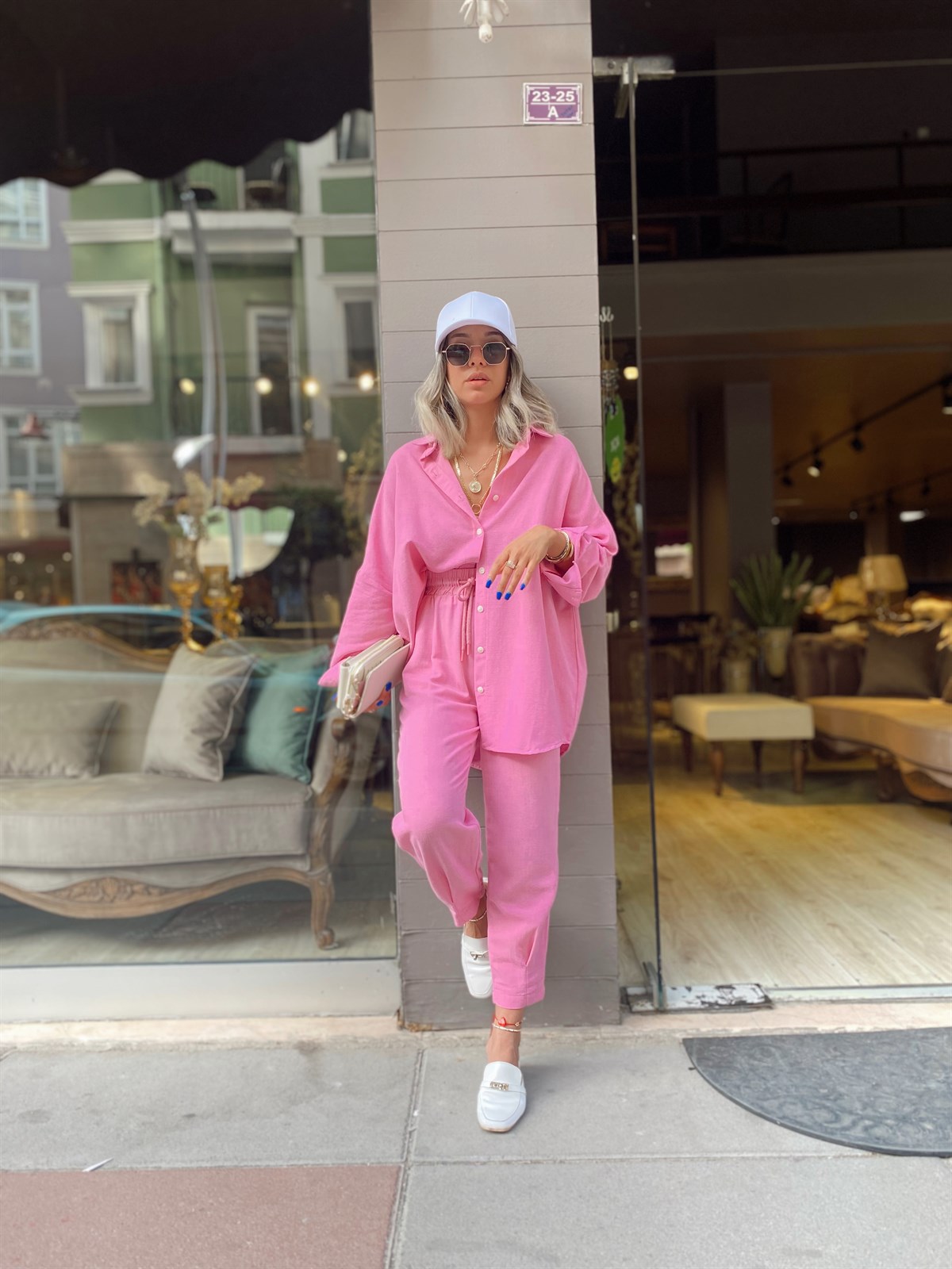 Pembe Paça Pileli Keten Pantolon 