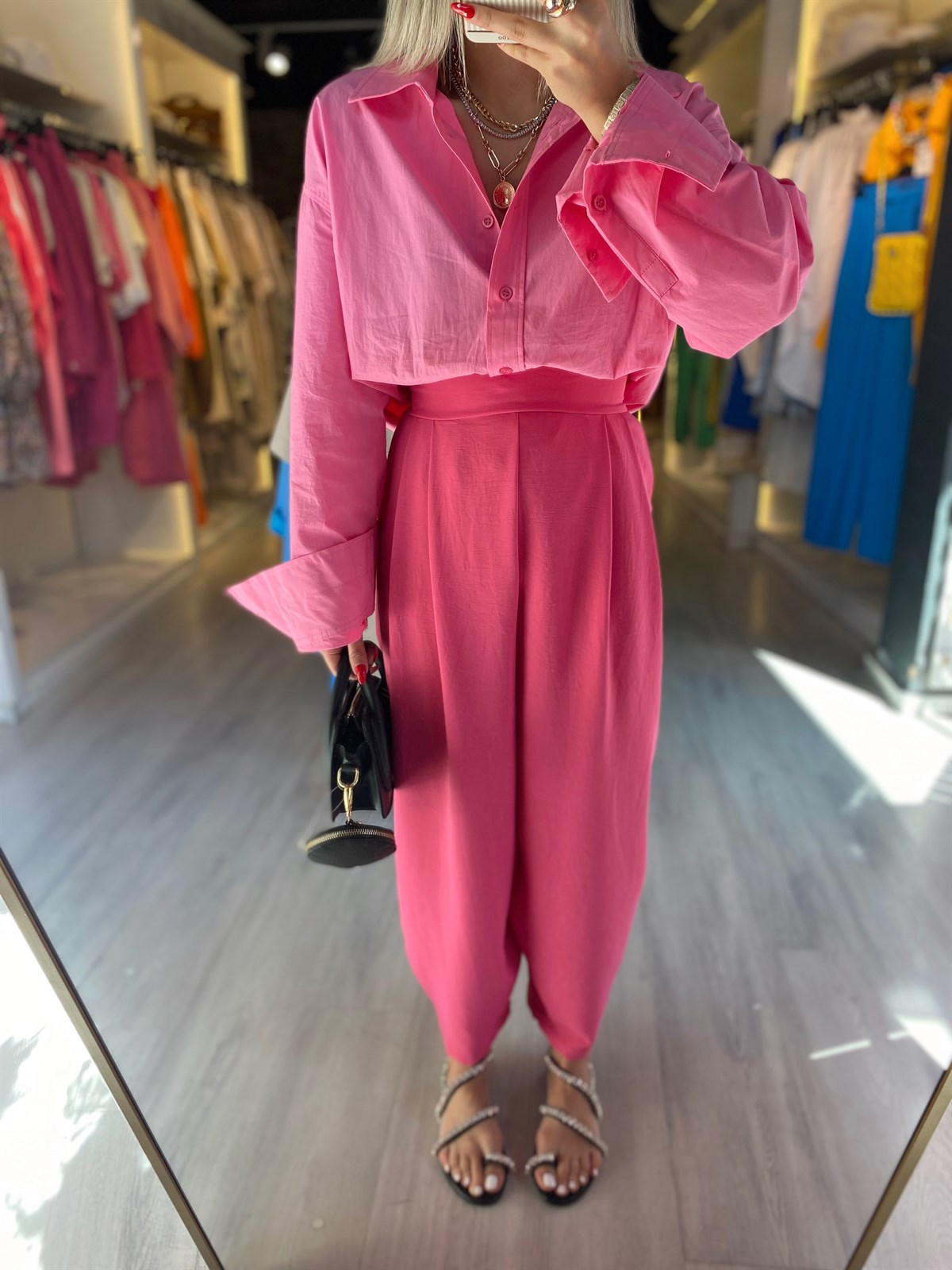 Pembe Pile Detaylı Bombeli Pantolon 