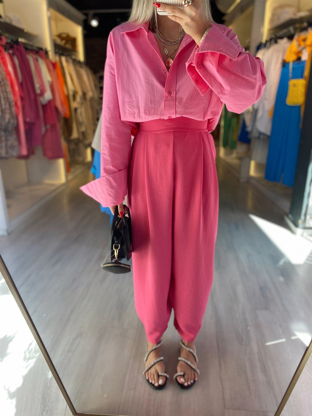 Pembe Pile Detaylı Bombeli Pantolon 