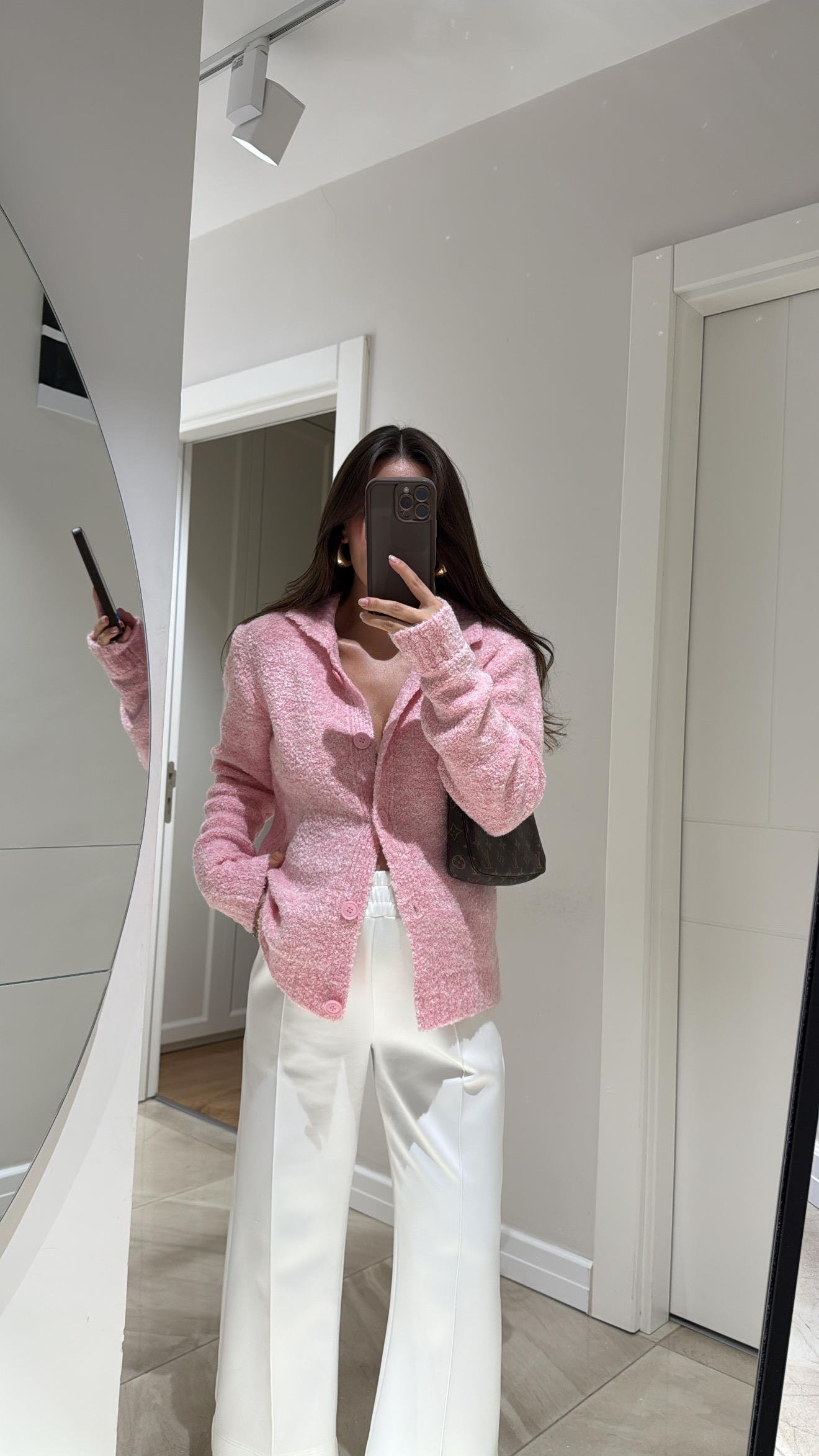 Pembe Polo Yaka Düğmeli Buklet Hırka 