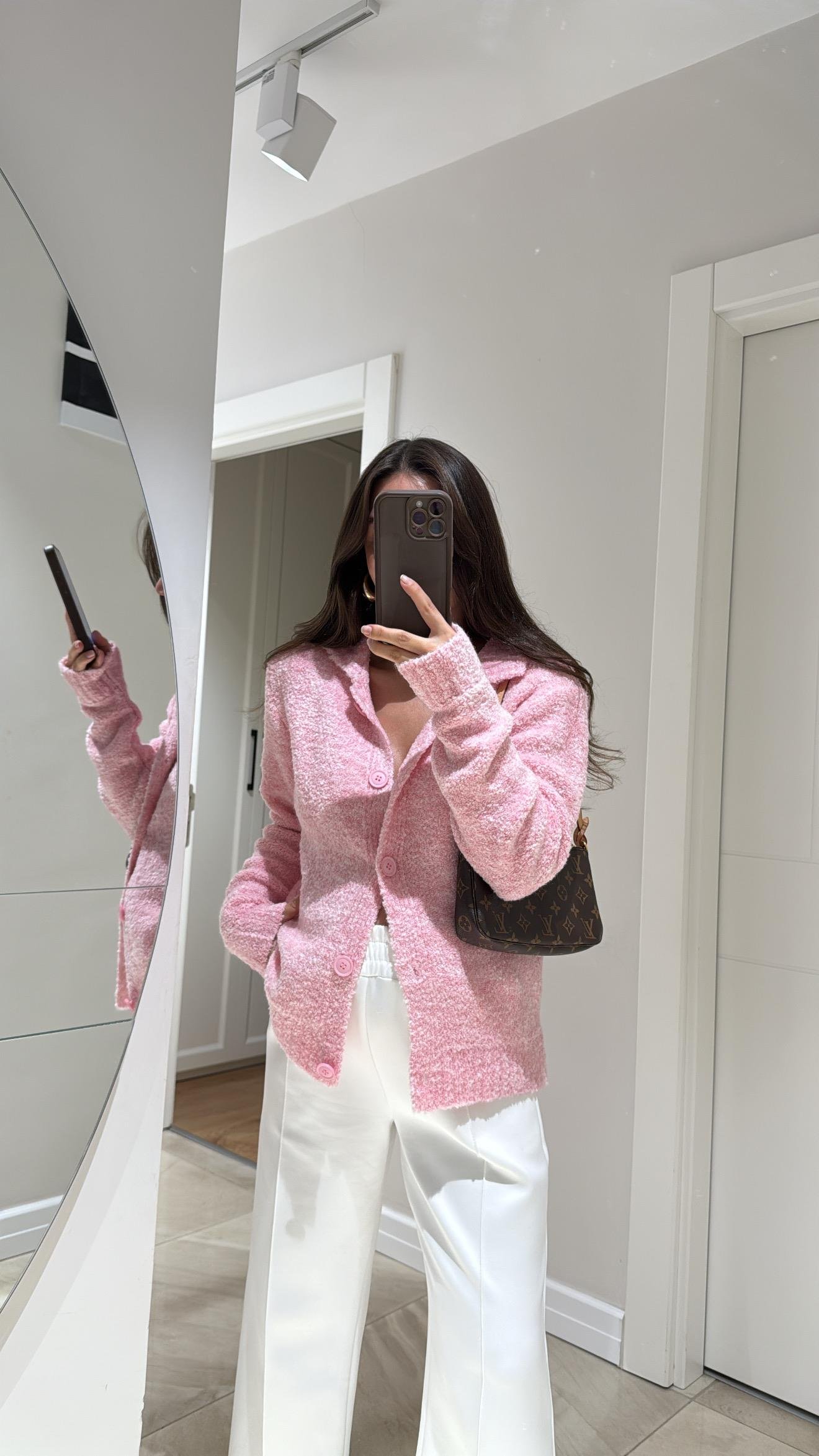 Pembe Polo Yaka Düğmeli Buklet Hırka 