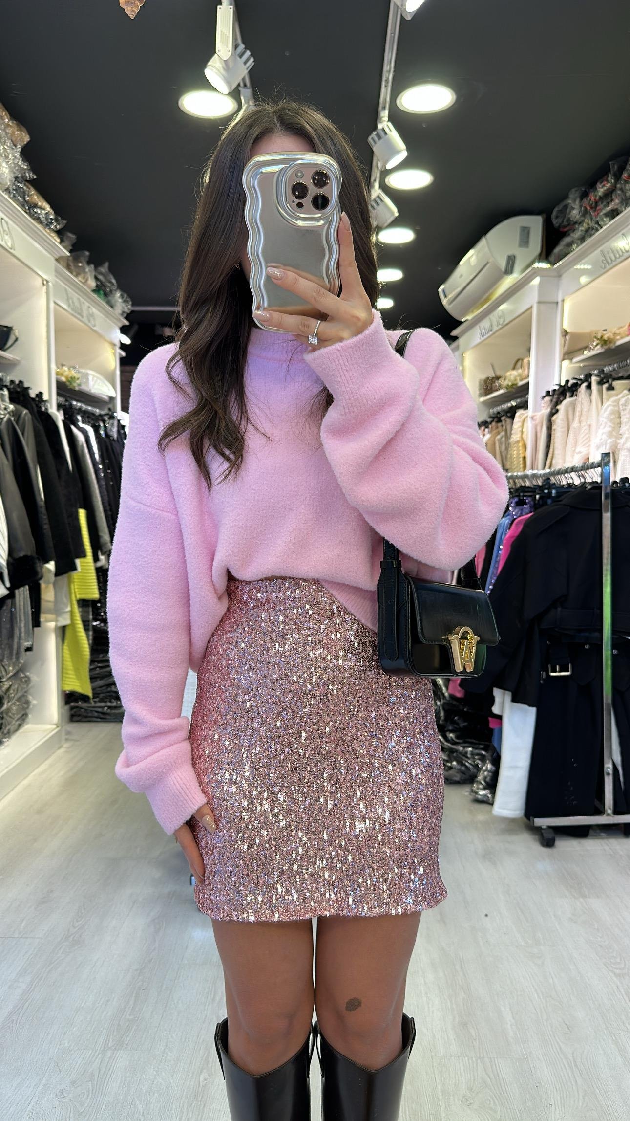 Pembe Pul Detaylı Payetli Mini Etek