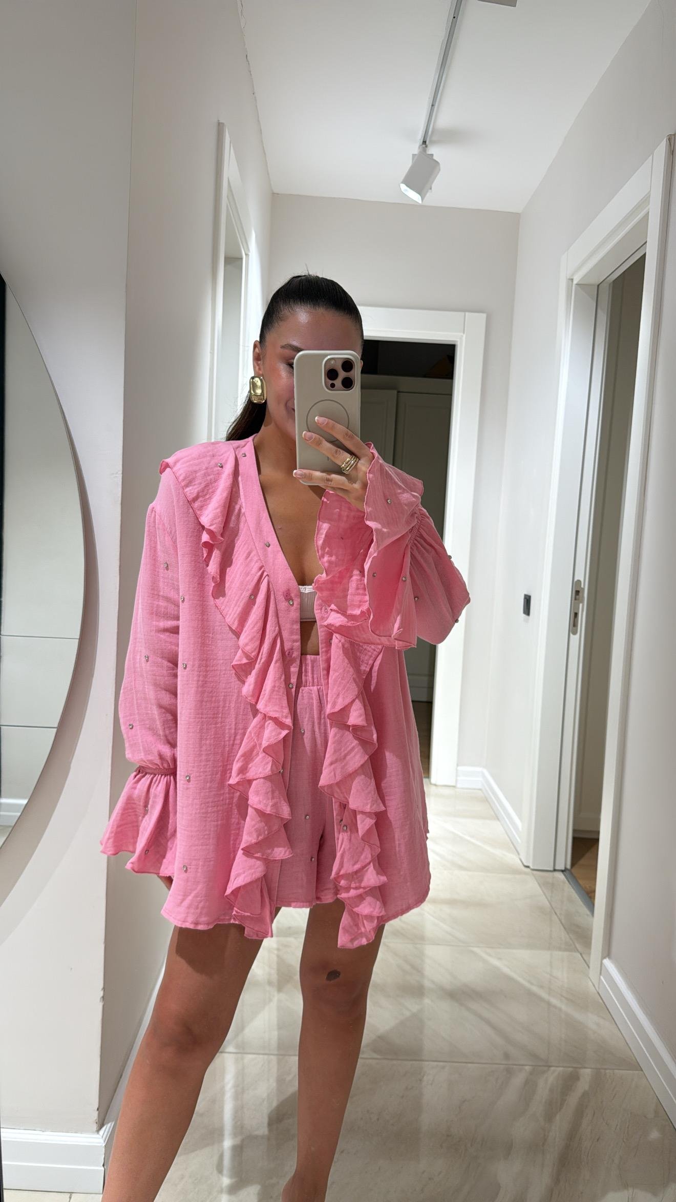 Pembe Taş Detaylı Müslin Kumaş Şort Takım