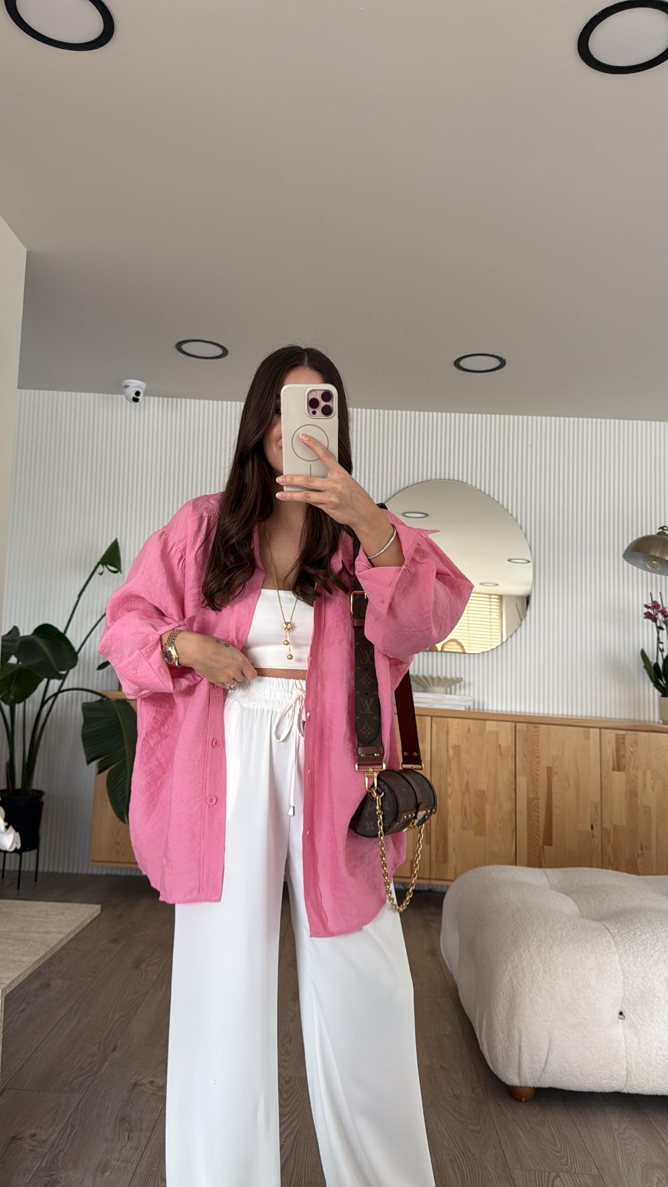 Pembe Tensel Kumaş Düşük Omuzlu Oversize Gömlek
