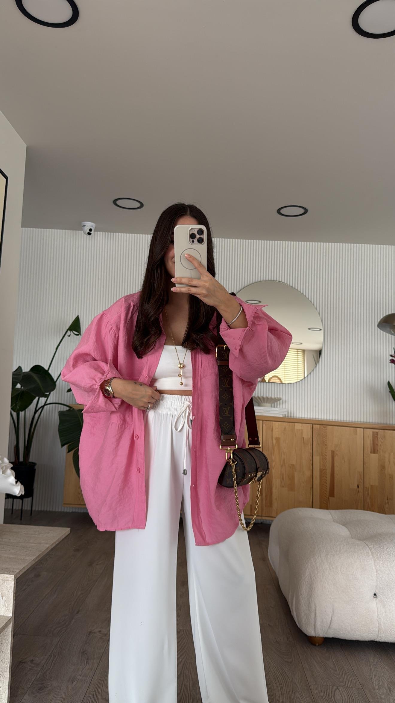 Pembe Tensel Kumaş Düşük Omuzlu Oversize Gömlek