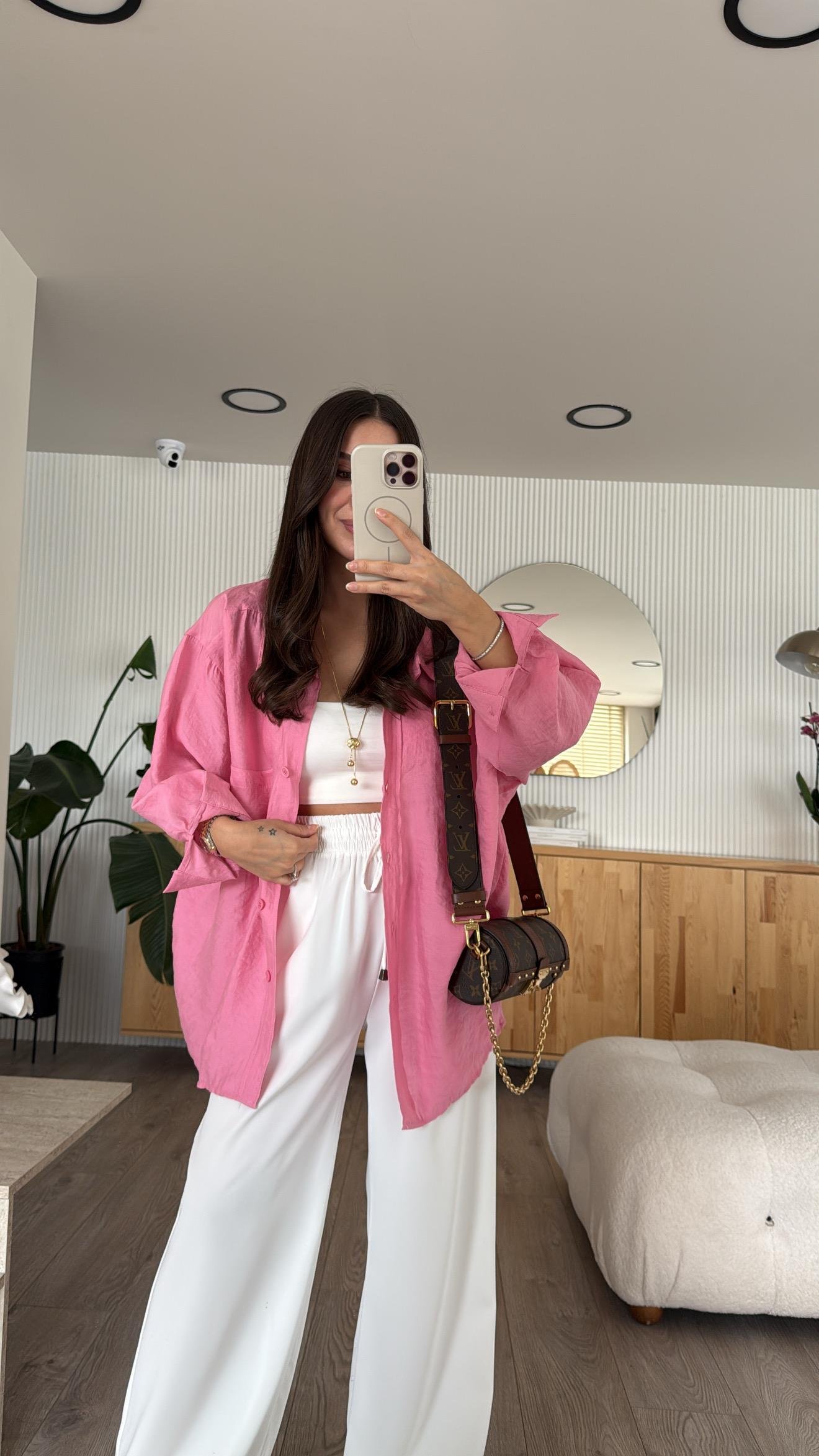 Pembe Tensel Kumaş Düşük Omuzlu Oversize Gömlek