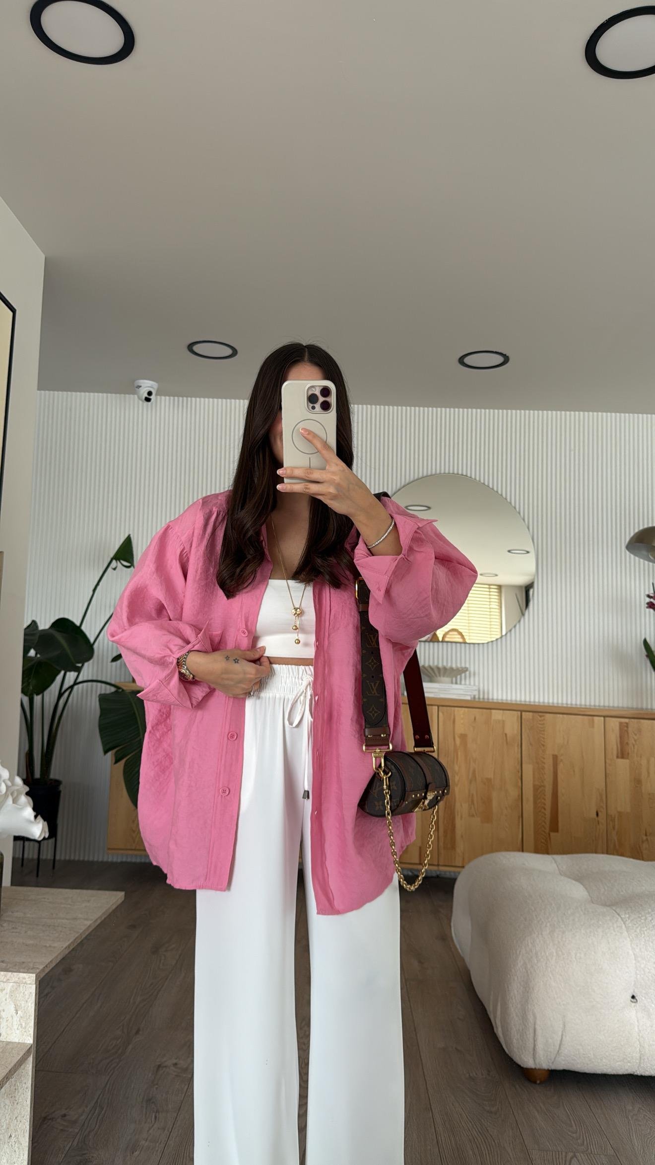 Pembe Tensel Kumaş Düşük Omuzlu Oversize Gömlek