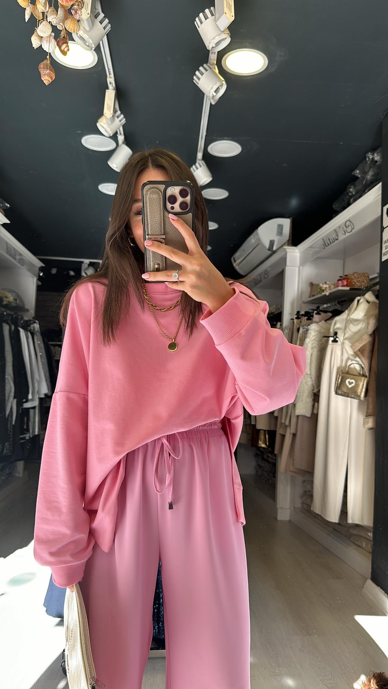 Pembe Yan Yırtmaç Detaylı Basic Sweat