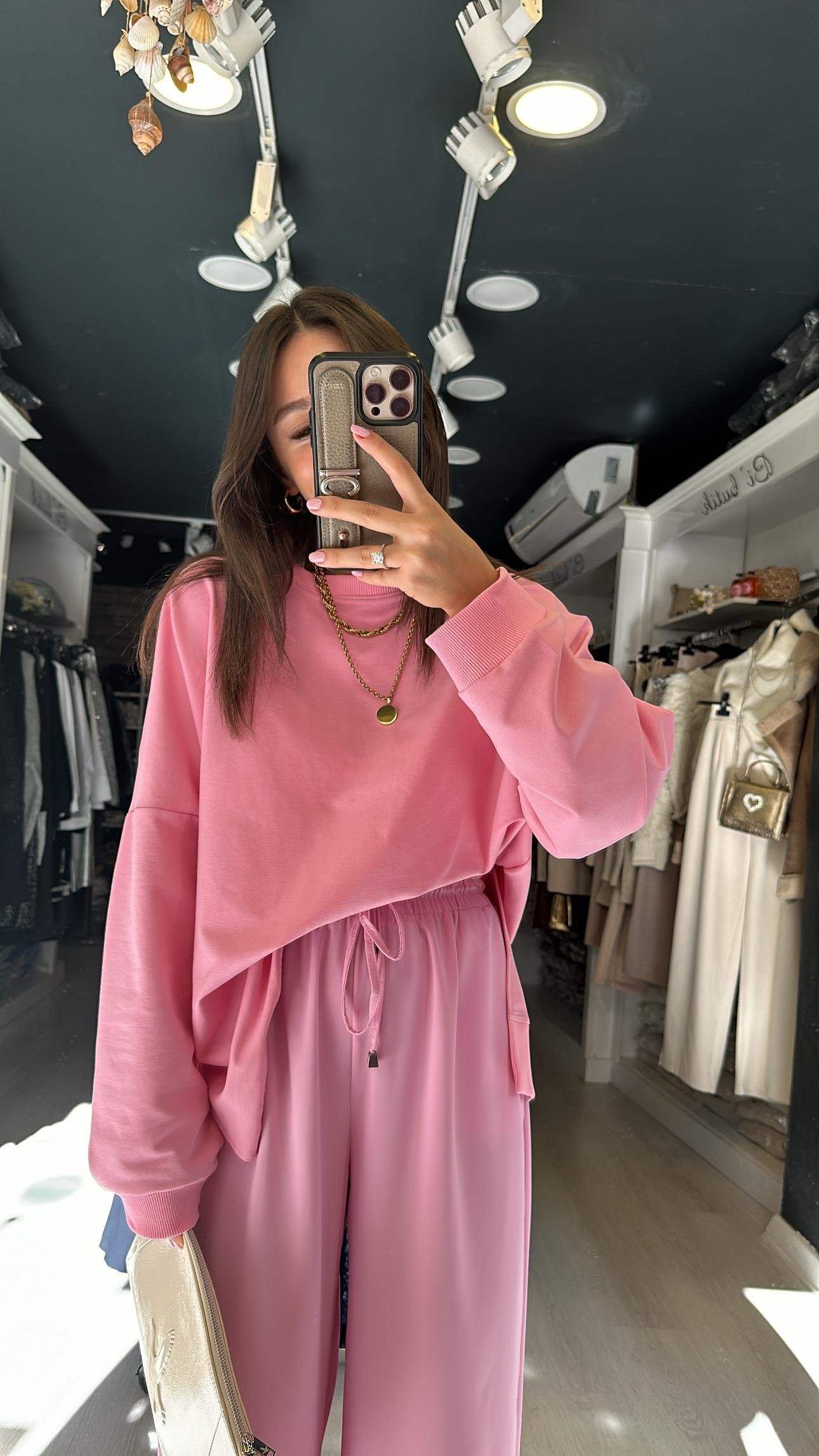 Pembe Yan Yırtmaç Detaylı Basic Sweat