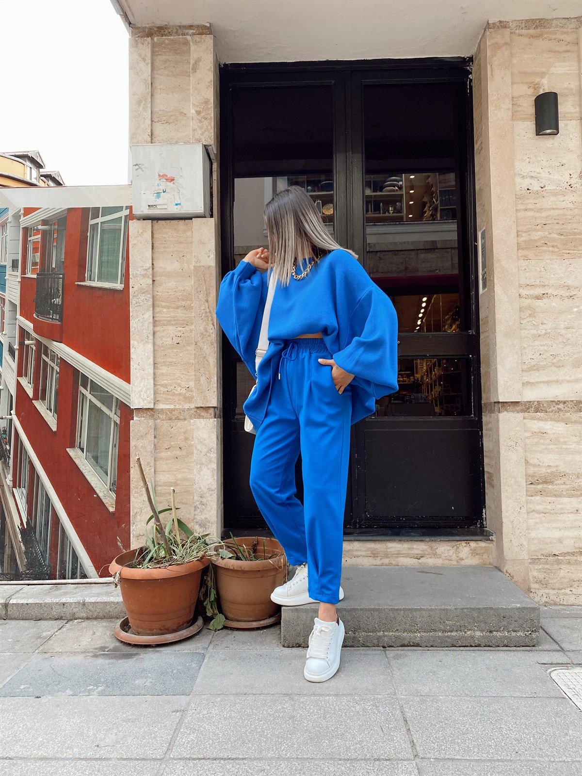 Saks Mavi Beli Lastikli Paça Pileli Pantolon
