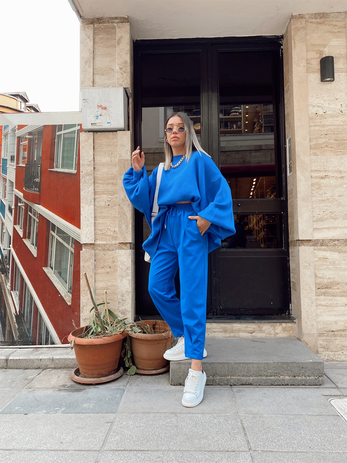 Saks Mavi Beli Lastikli Paça Pileli Pantolon