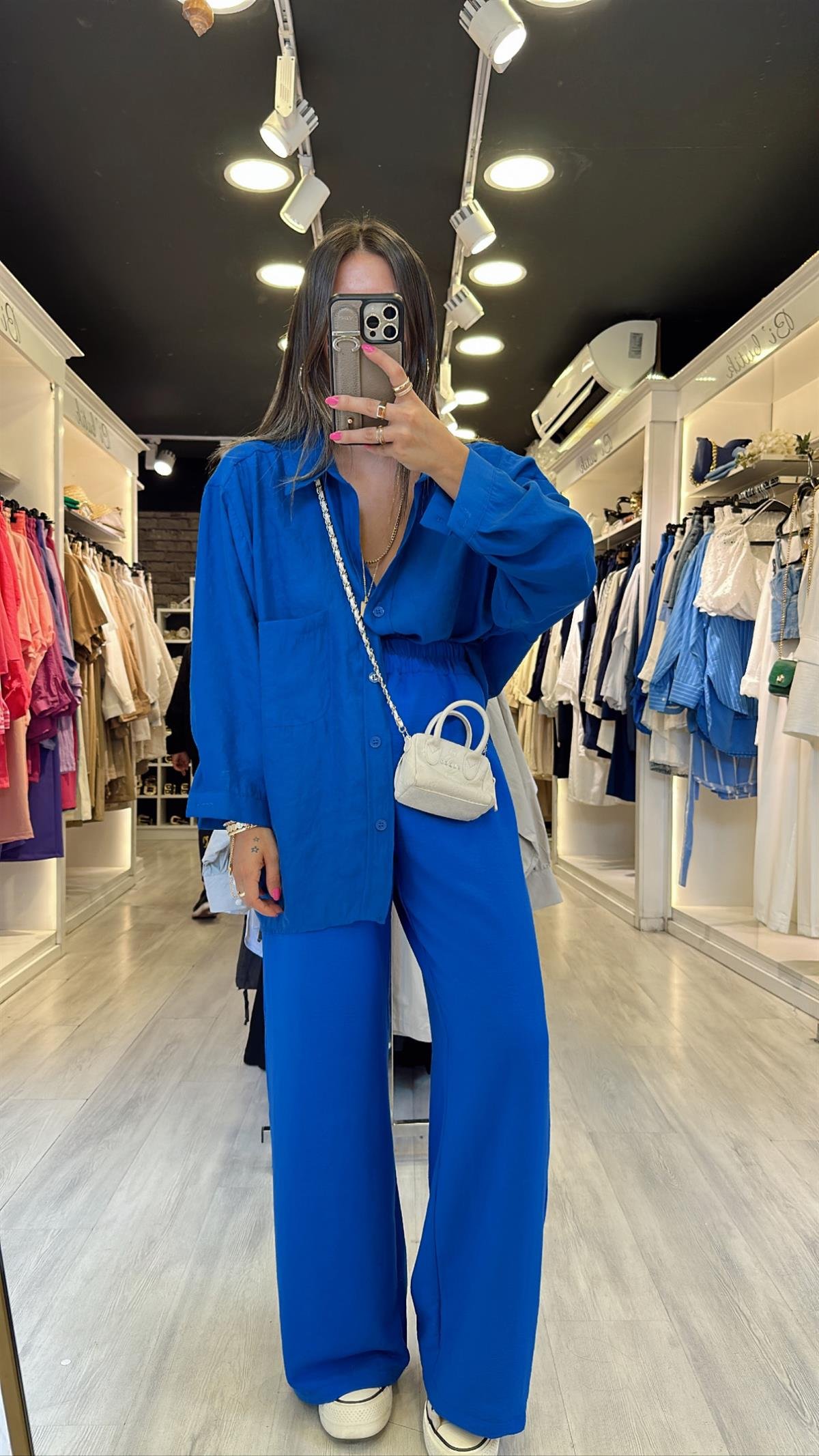 Saks Mavi Beli Lastikli Tensel Bol Paça Pantolon