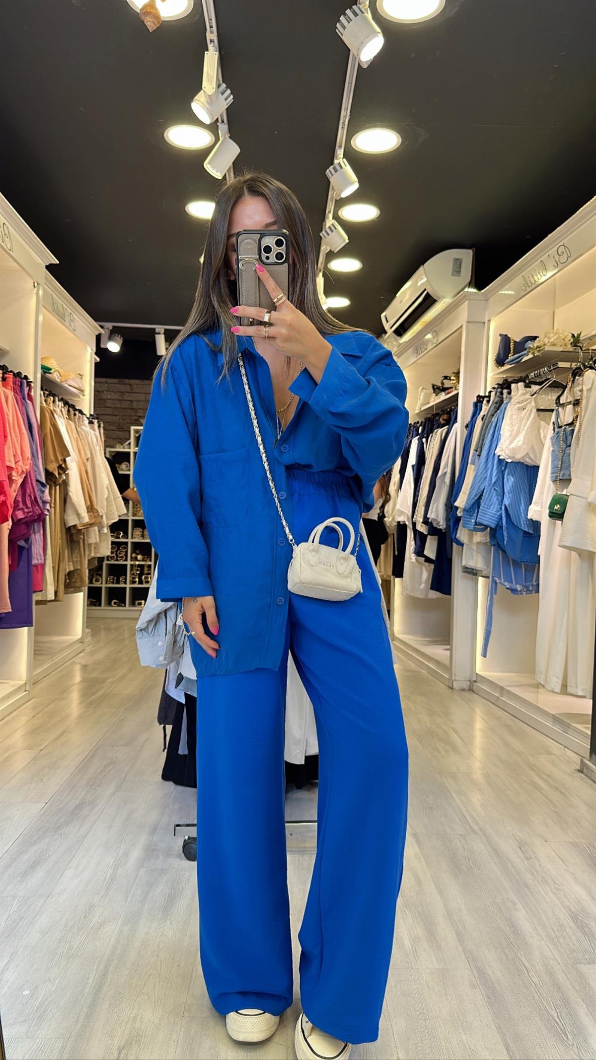 Saks Mavi Beli Lastikli Tensel Bol Paça Pantolon