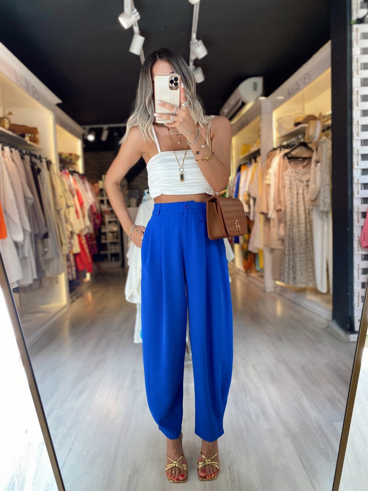 Saks Mavi Duğmeli Şalvar Model Pantolon 