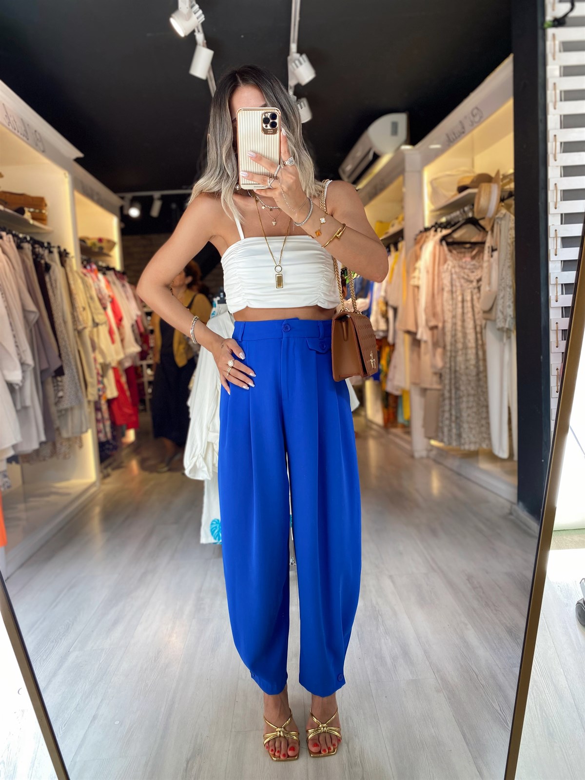 Saks Mavi Duğmeli Şalvar Model Pantolon 