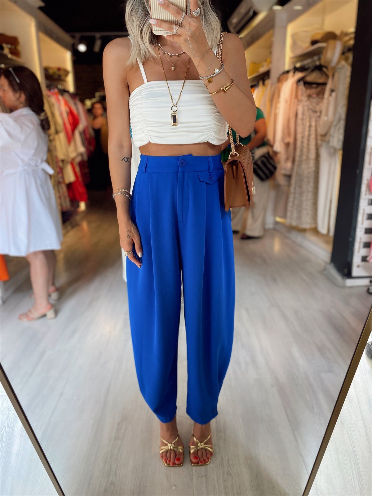 Saks Mavi Duğmeli Şalvar Model Pantolon 