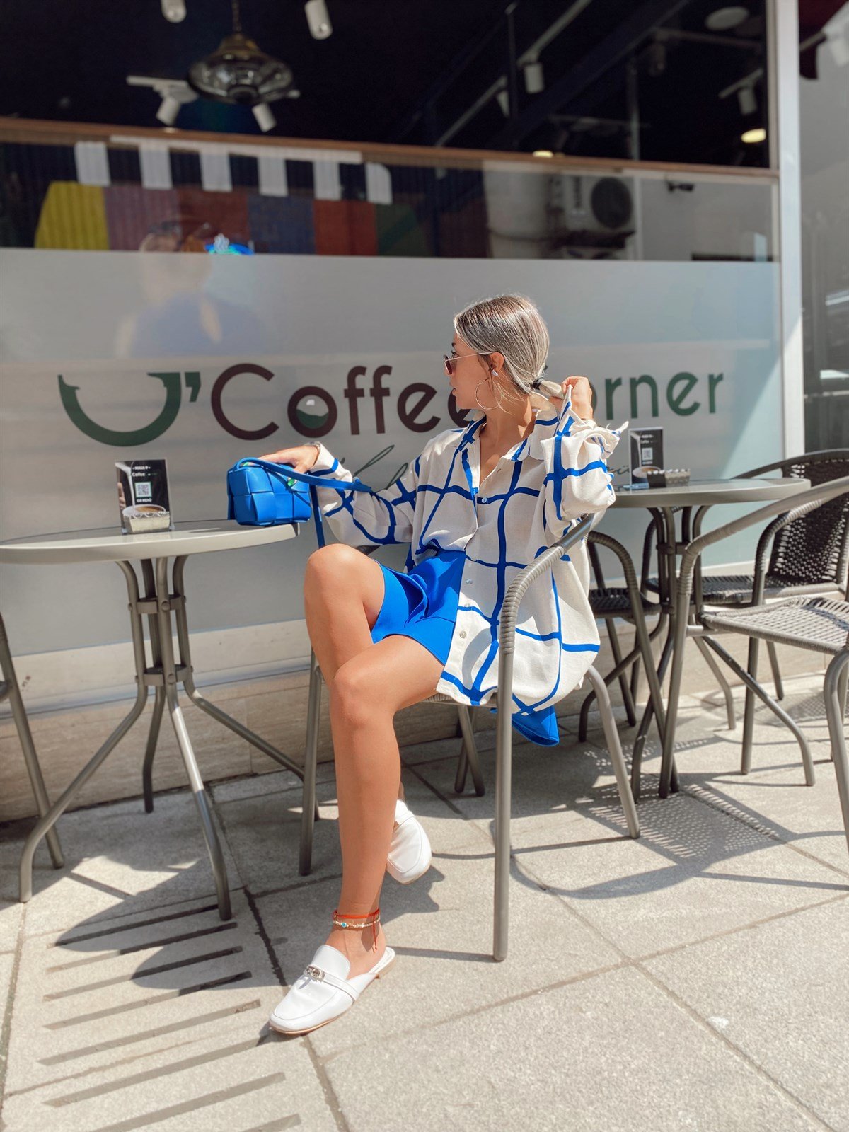 Saks Mavi Fırfırlı İçi Şortlu Etek 