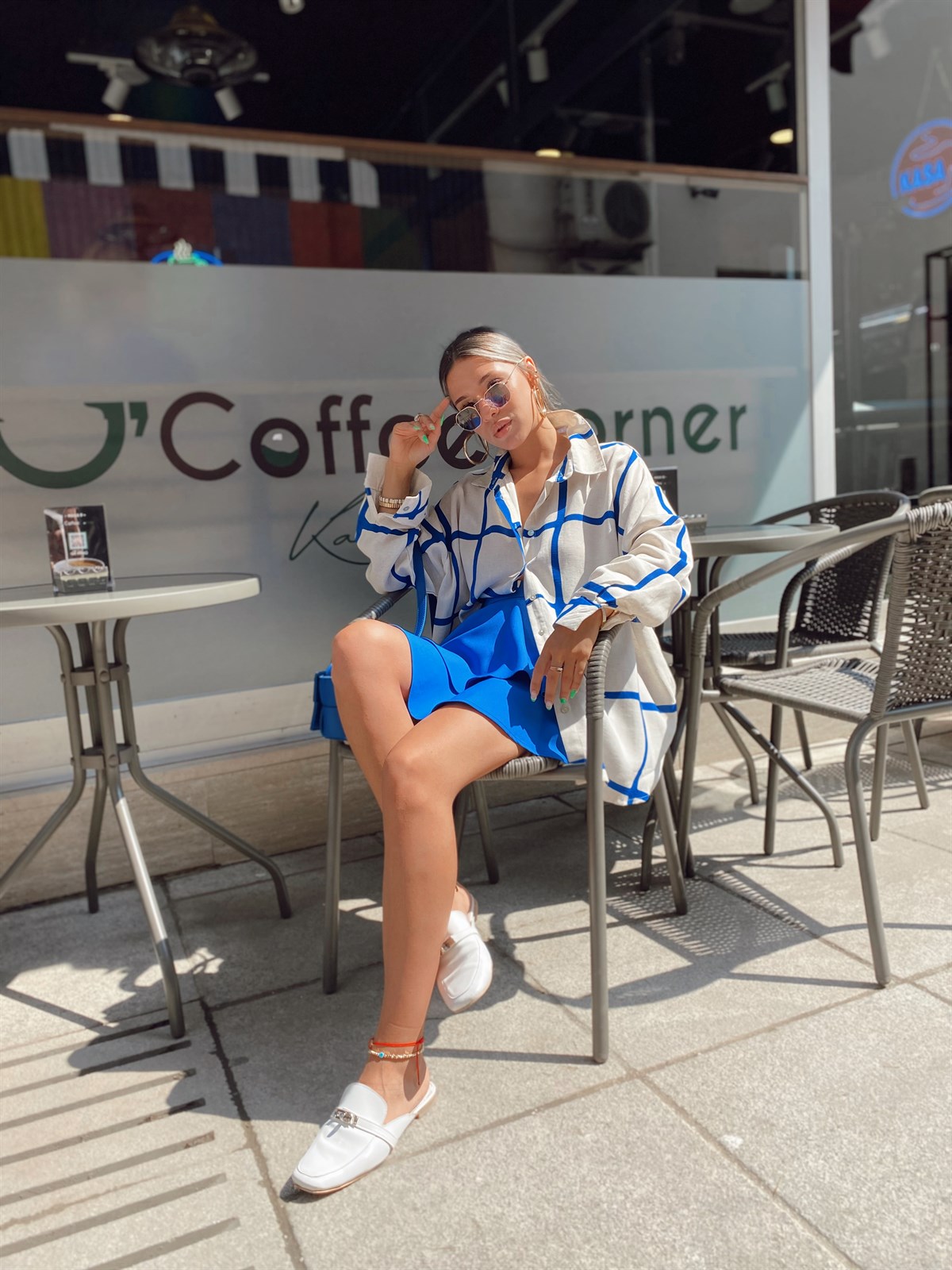 Saks Mavi Fırfırlı İçi Şortlu Etek 