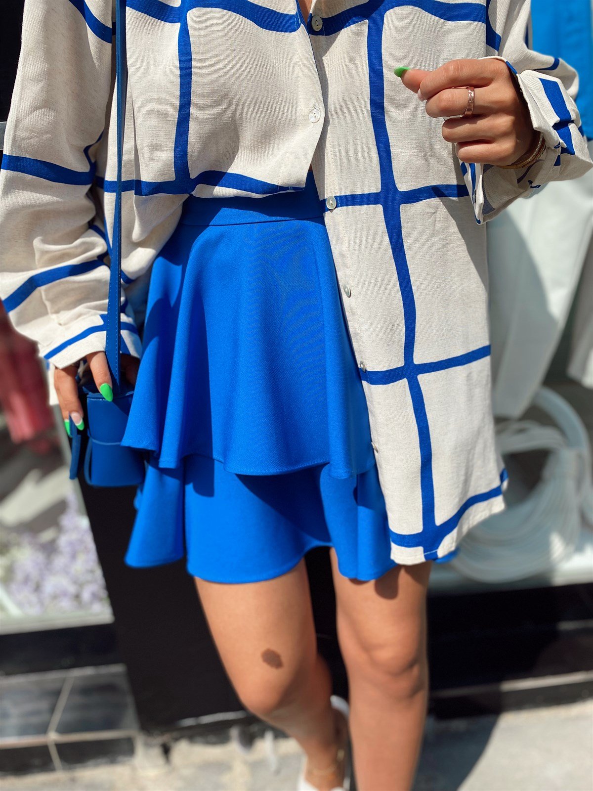 Saks Mavi Fırfırlı İçi Şortlu Etek 