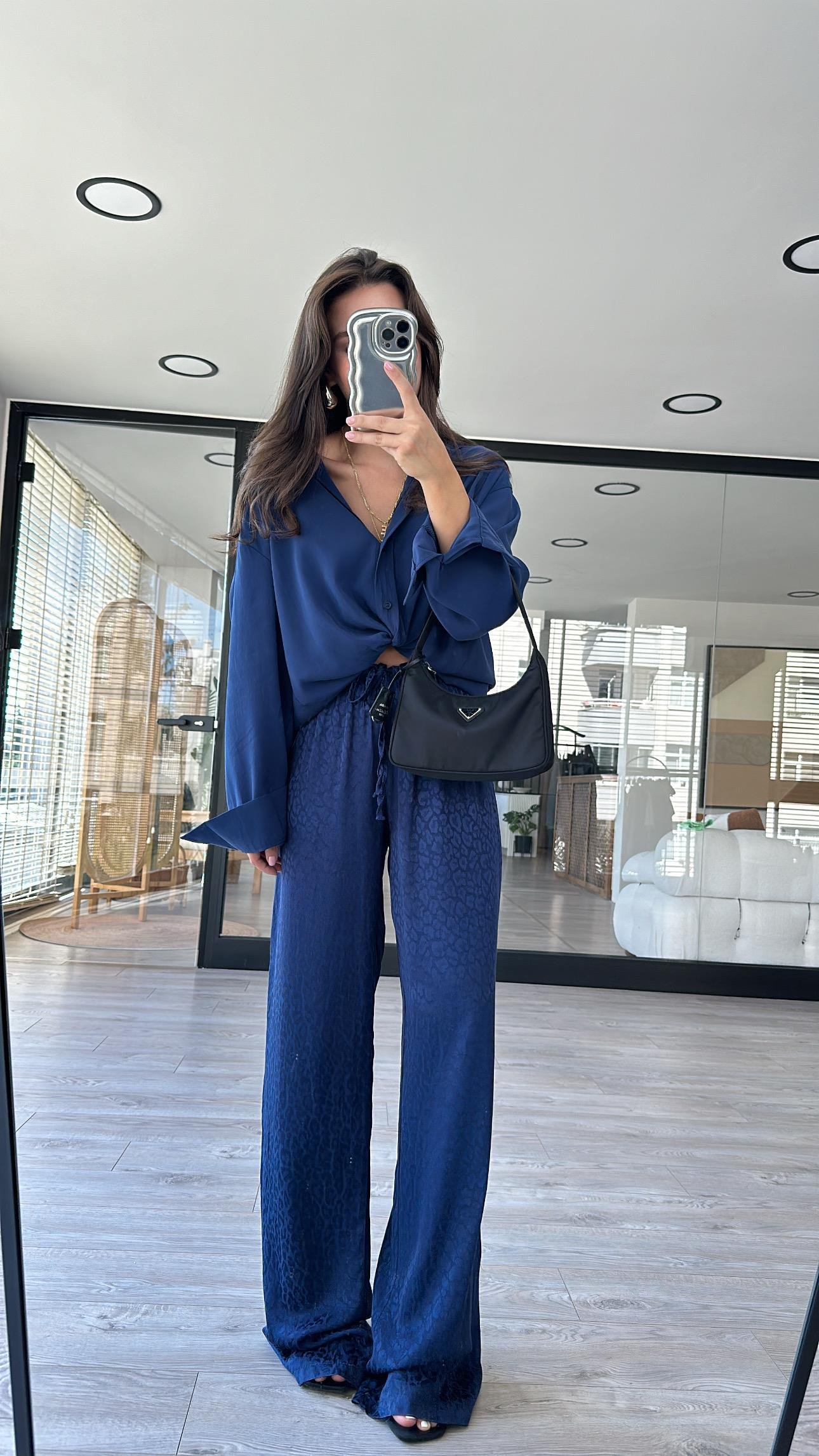 Saks Mavi Leopar Desenli Jakarlı Bol Paça Pantolon