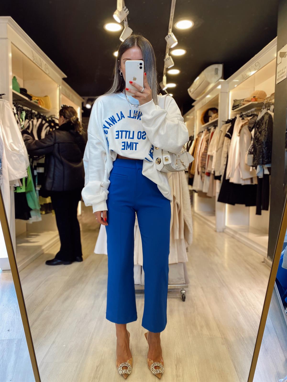 Saks Mavi Ön Cep Detaylı Kumaş Pantolon 