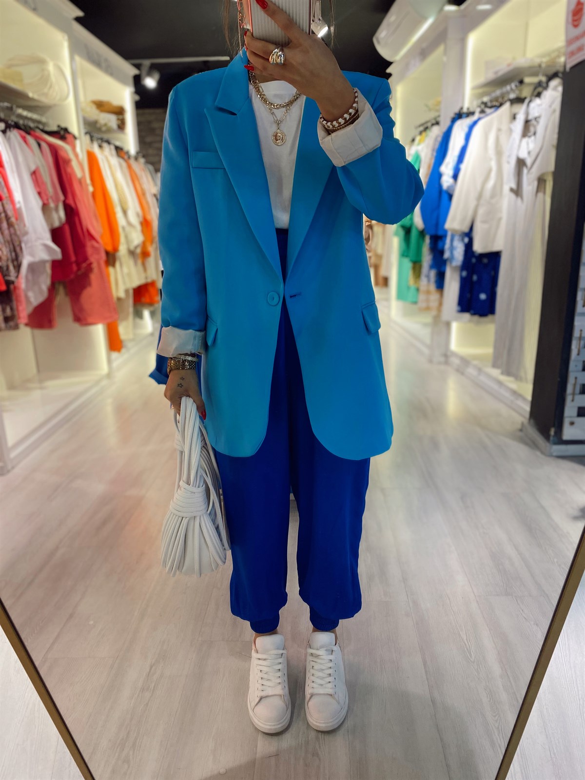 Saks Mavi Paça Lastkli Saten Pantolon 