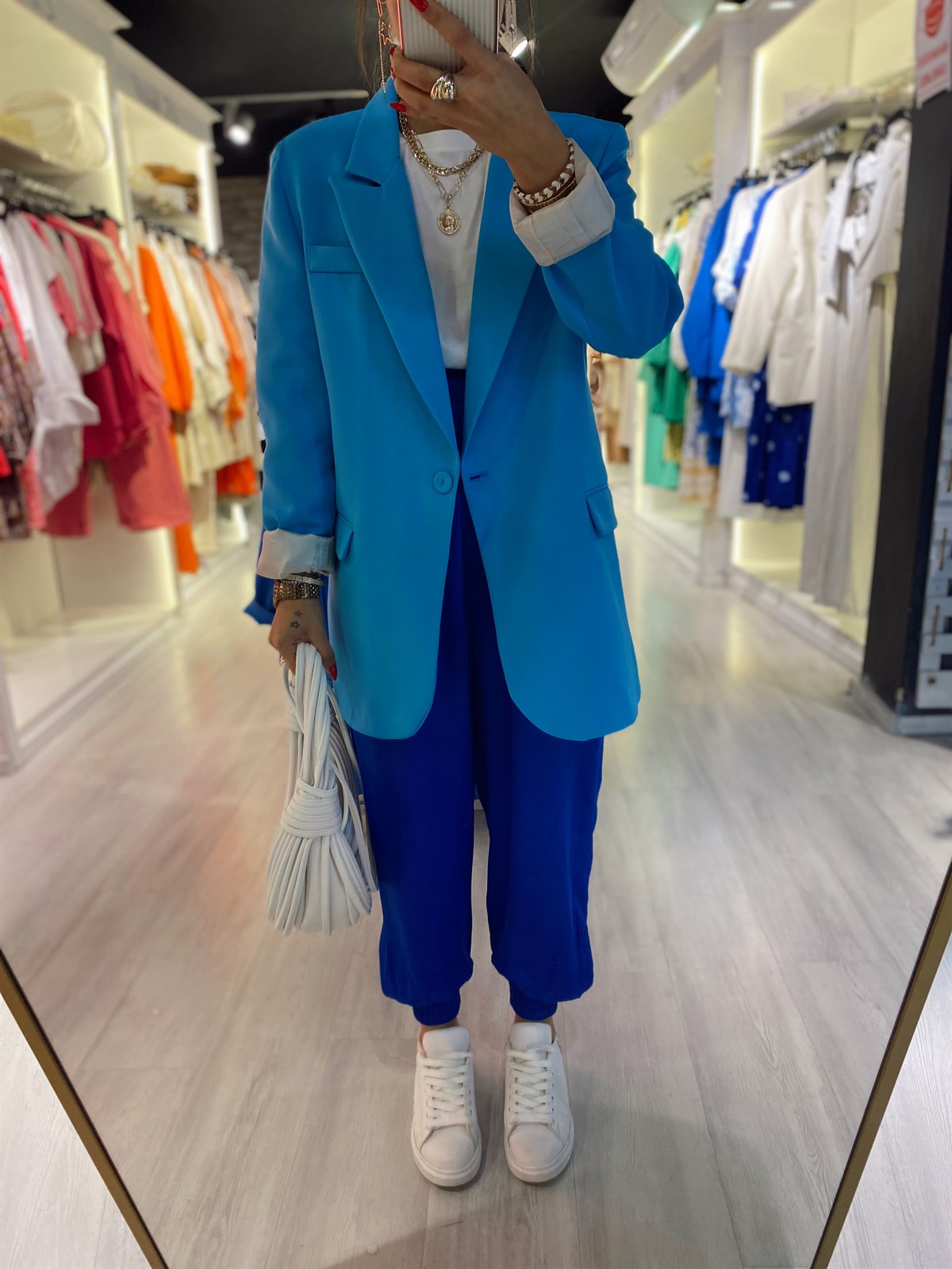 Saks Mavi Paça Lastkli Saten Pantolon 