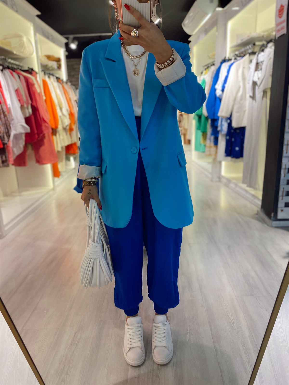 Saks Mavi Paça Lastkli Saten Pantolon 