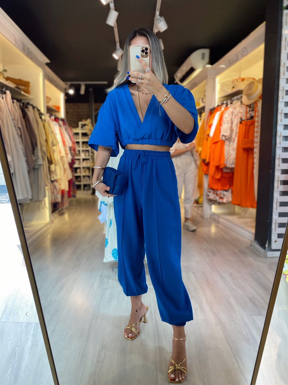 Saks Mavi Paçası Lastikli Ön Dikişli Pantolon
