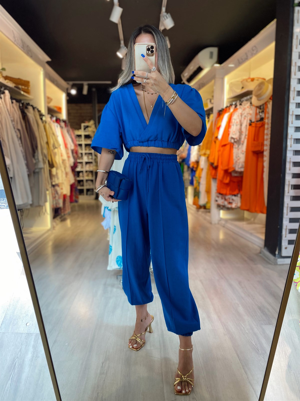 Saks Mavi Paçası Lastikli Ön Dikişli Pantolon