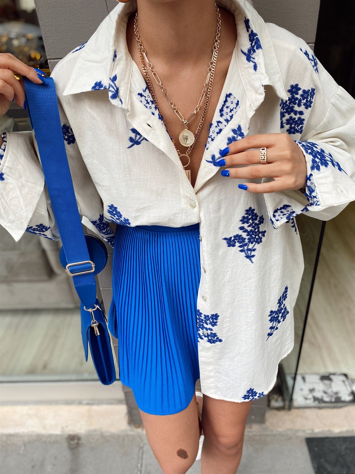 Saks Mavi Pileli Şortlu Etek 