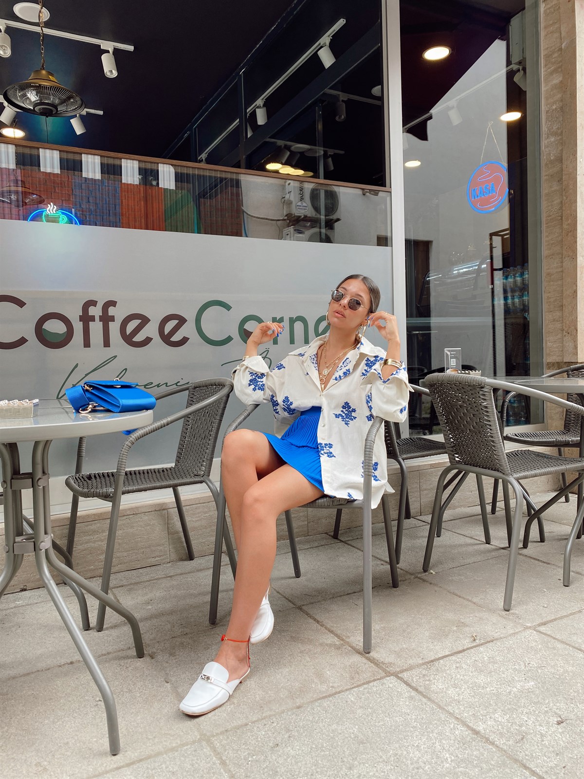 Saks Mavi Pileli Şortlu Etek 