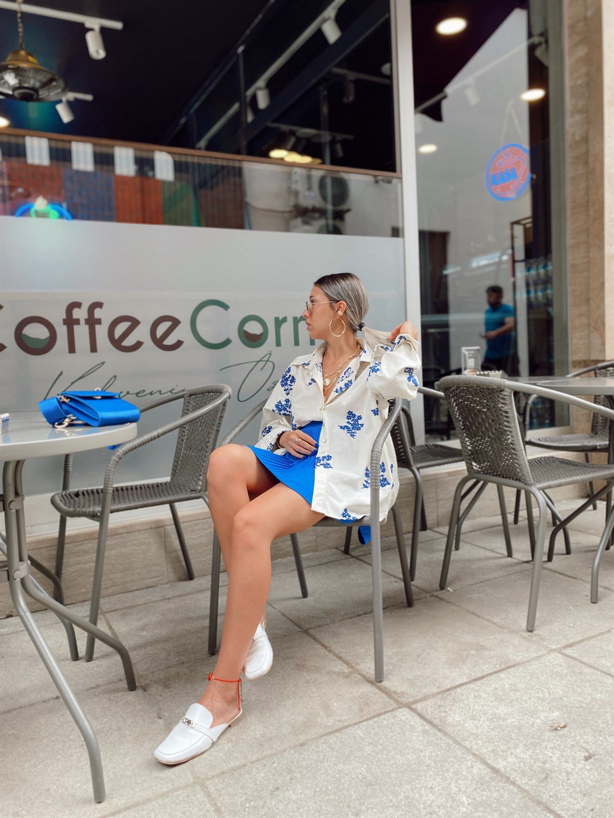 Saks Mavi Pileli Şortlu Etek 