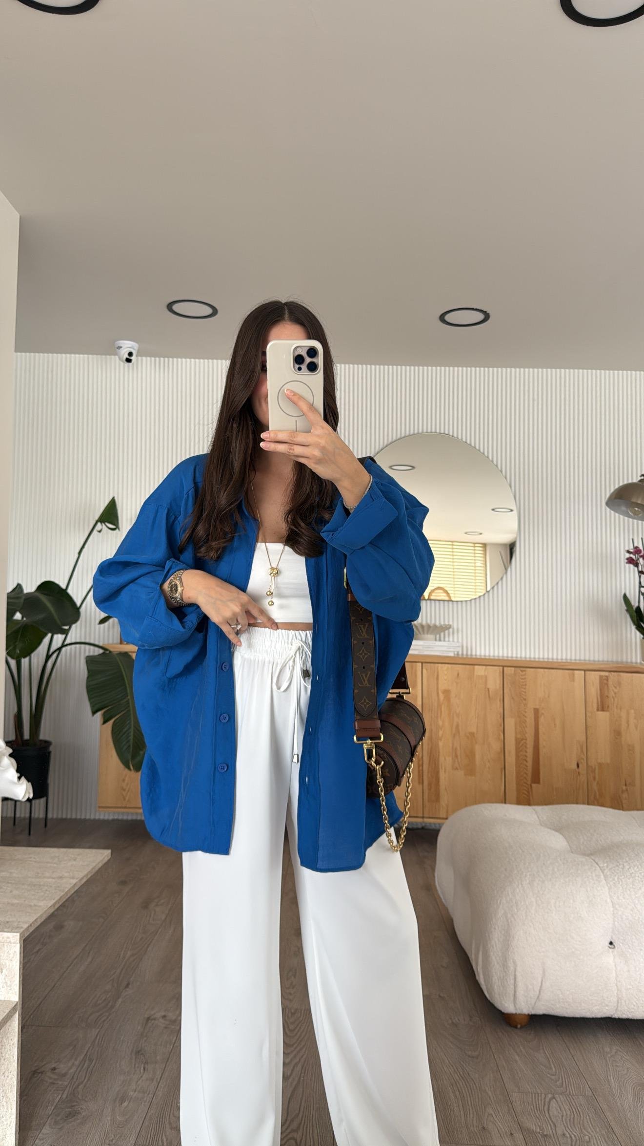 Saks Mavi Tensel Kumaş Düşük Omuzlu Oversize Gömlek