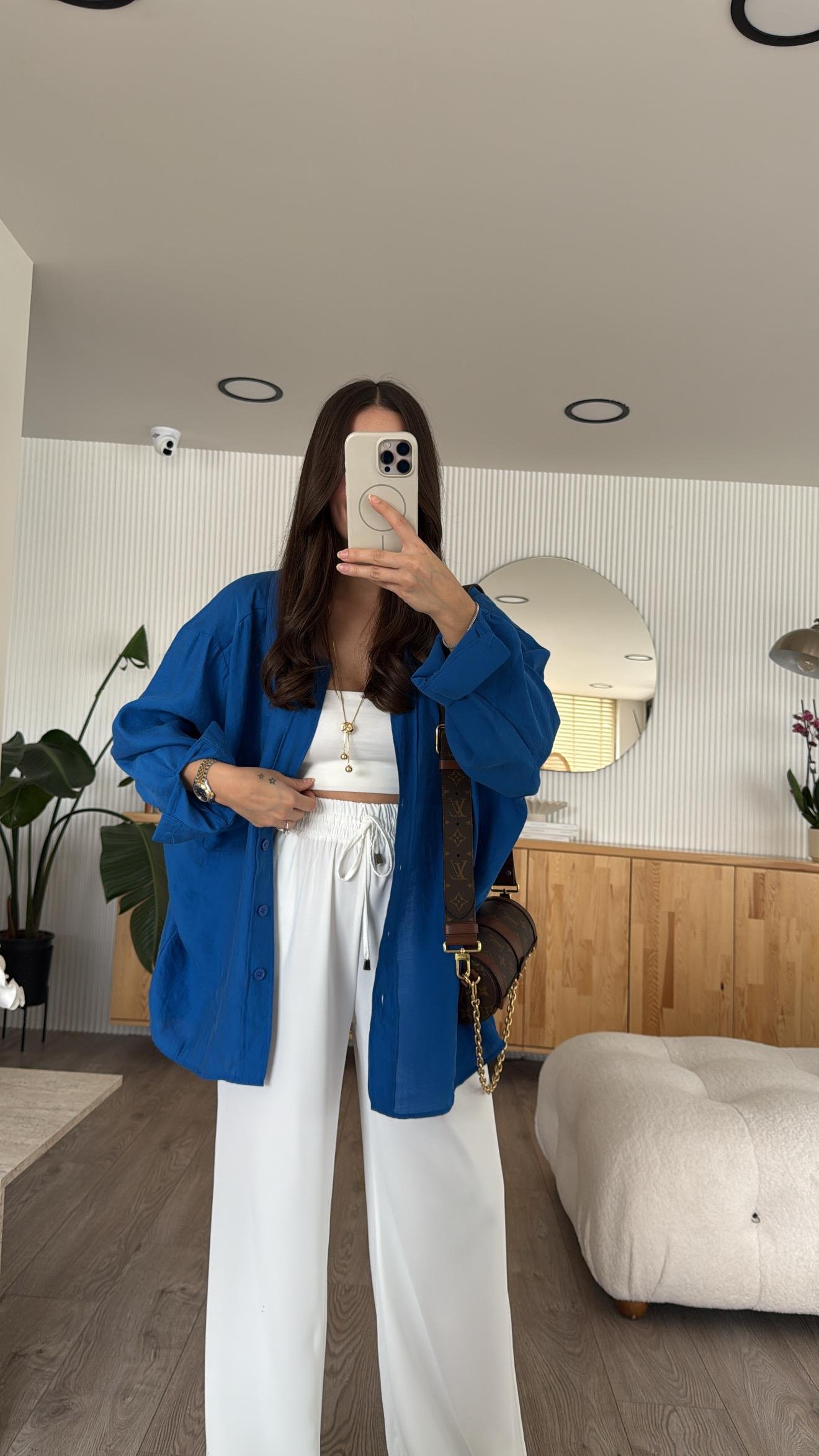 Saks Mavi Tensel Kumaş Düşük Omuzlu Oversize Gömlek