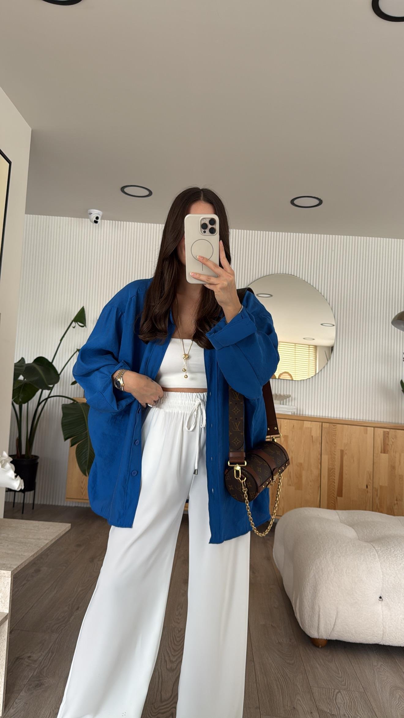 Saks Mavi Tensel Kumaş Düşük Omuzlu Oversize Gömlek