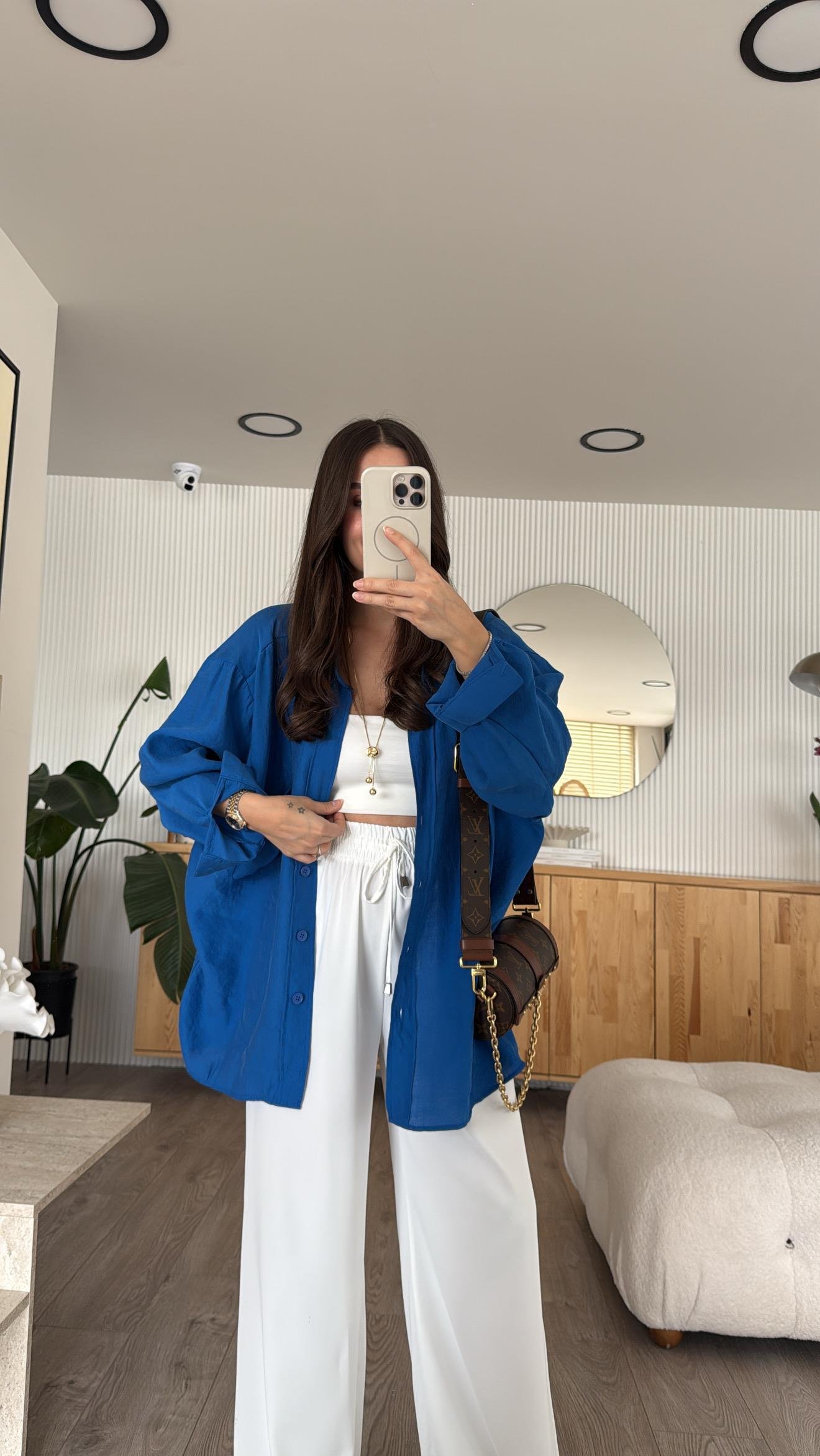 Saks Mavi Tensel Kumaş Düşük Omuzlu Oversize Gömlek