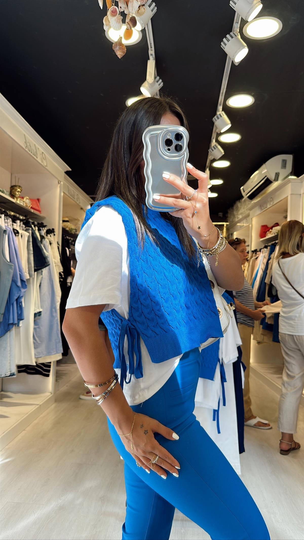 Saks Mavi Triko Detaylı Bağlamalı Bluz 