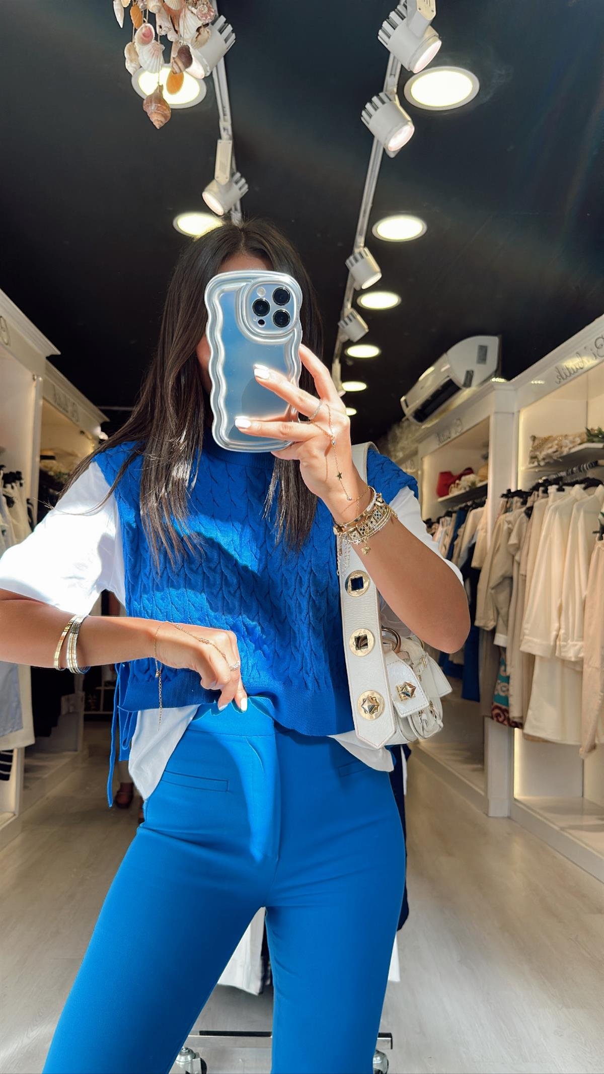 Saks Mavi Triko Detaylı Bağlamalı Bluz 