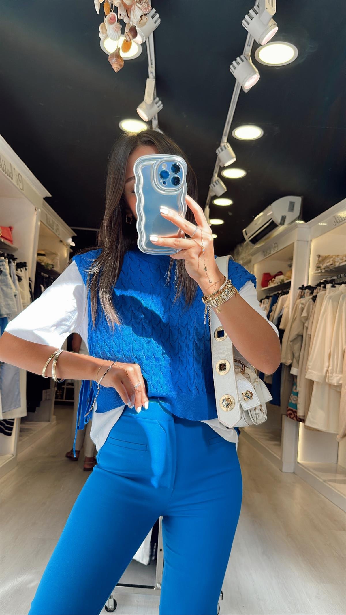 Saks Mavi Triko Detaylı Bağlamalı Bluz 