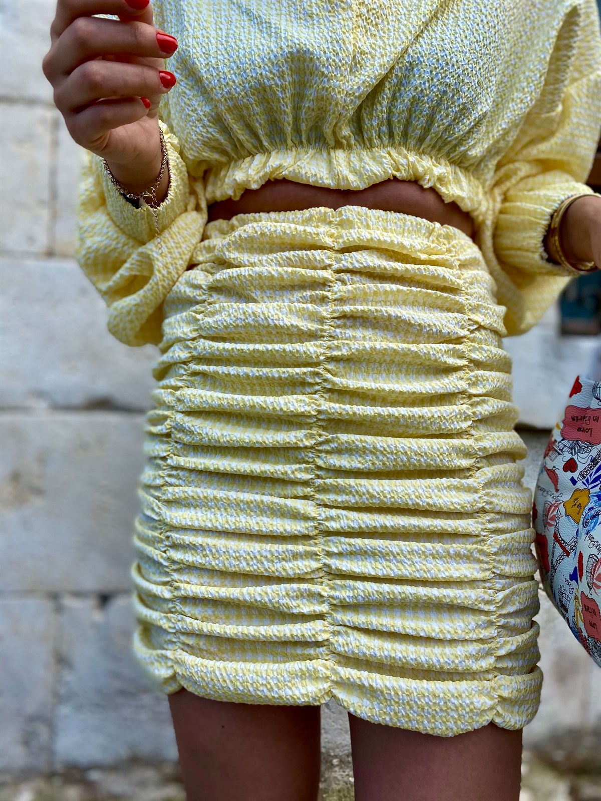 Sarı Beyaz Pötikareli Büzgülü Etek