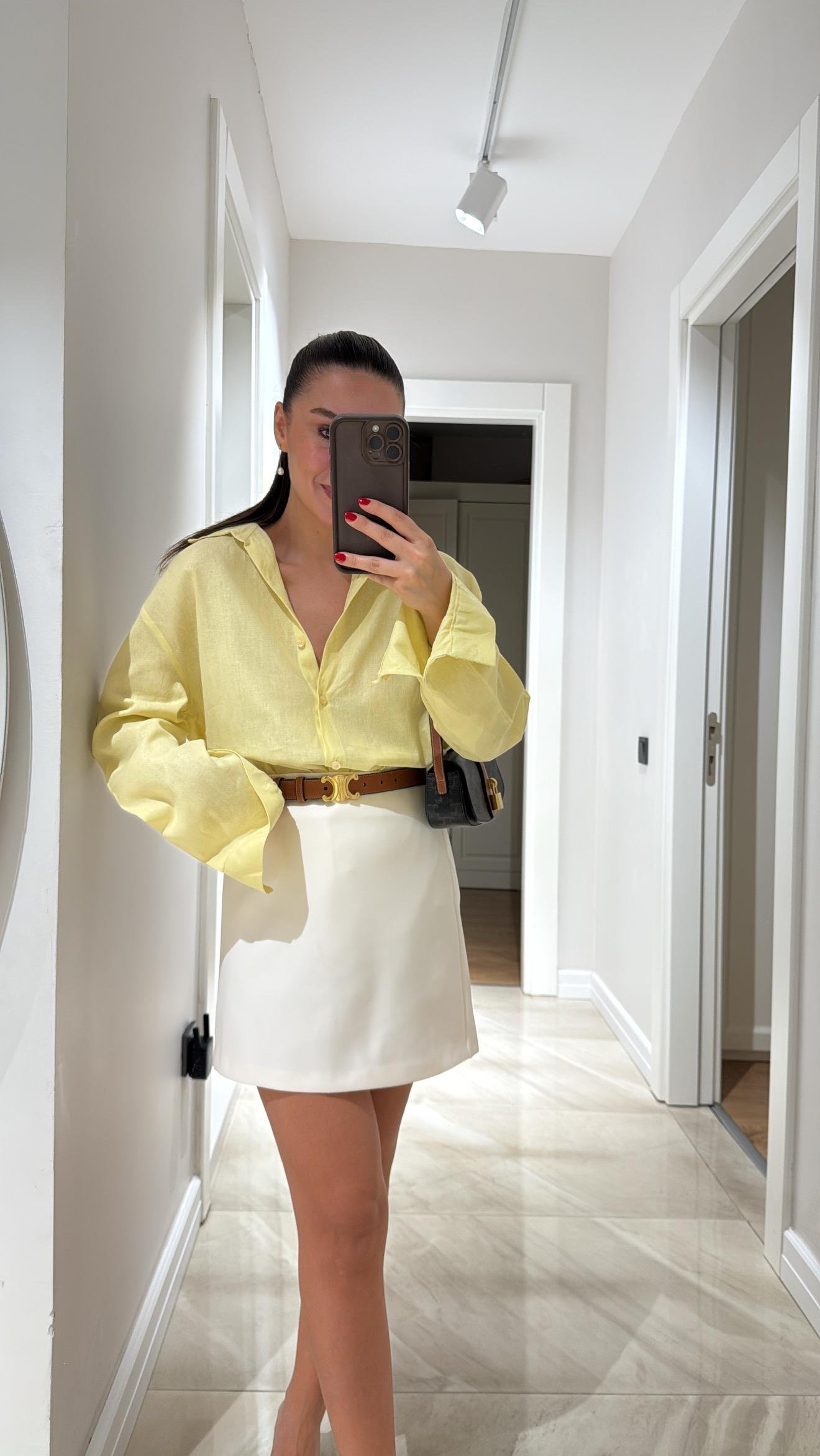 Sarı Ön Düğmeli Marka Model Keten Gömlek