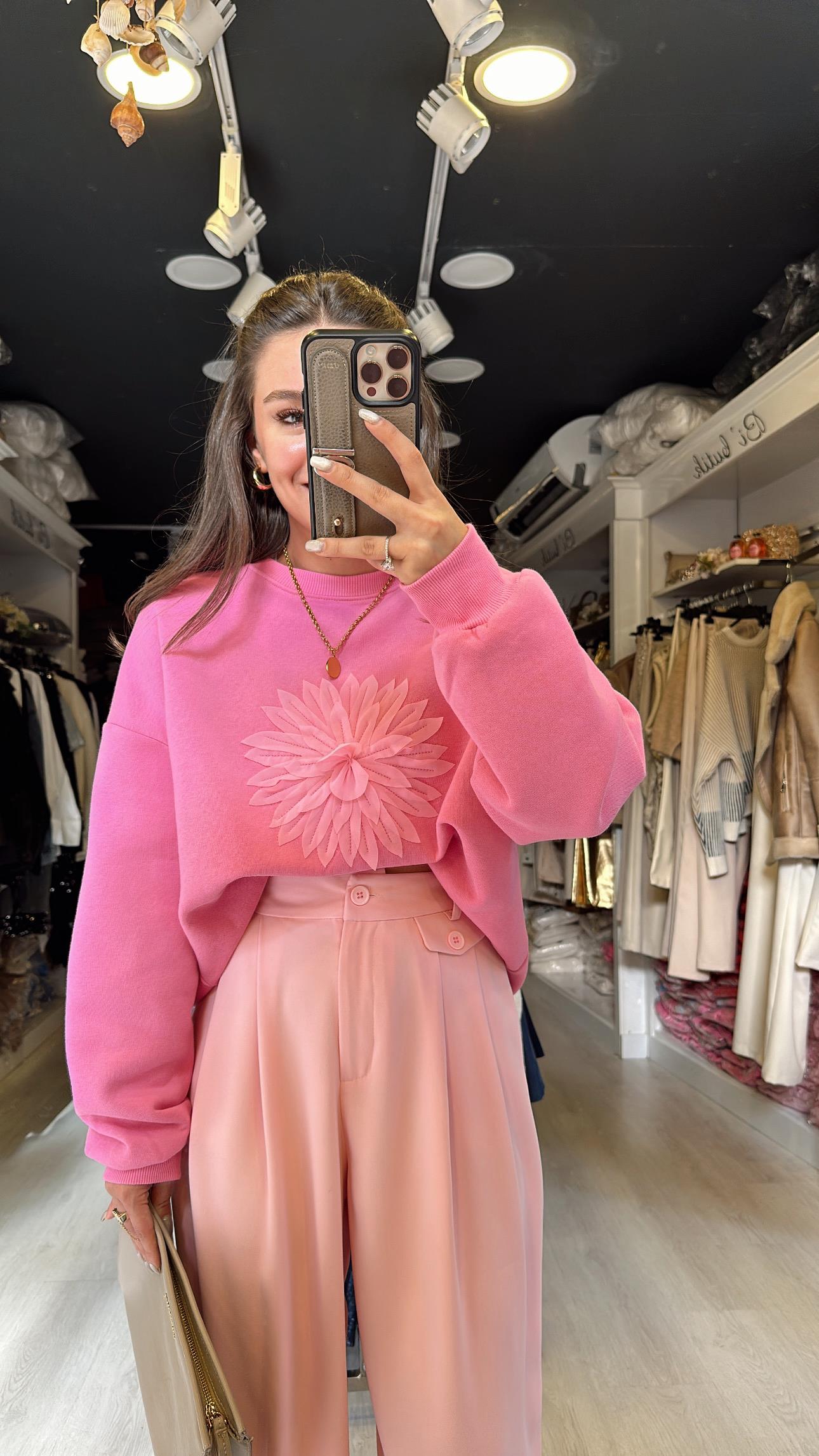 Şeker Pembe Ayçiçeği Nakışlı Sweat 