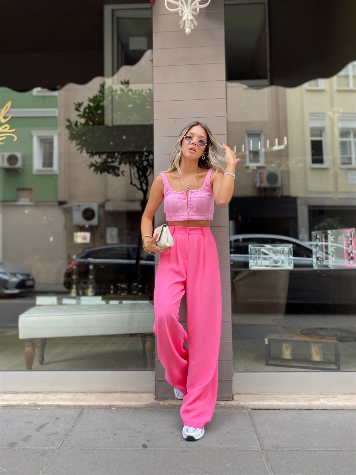 Şeker Pembe Beli Lastikli Krep Kumaş Palazzo Pantolon