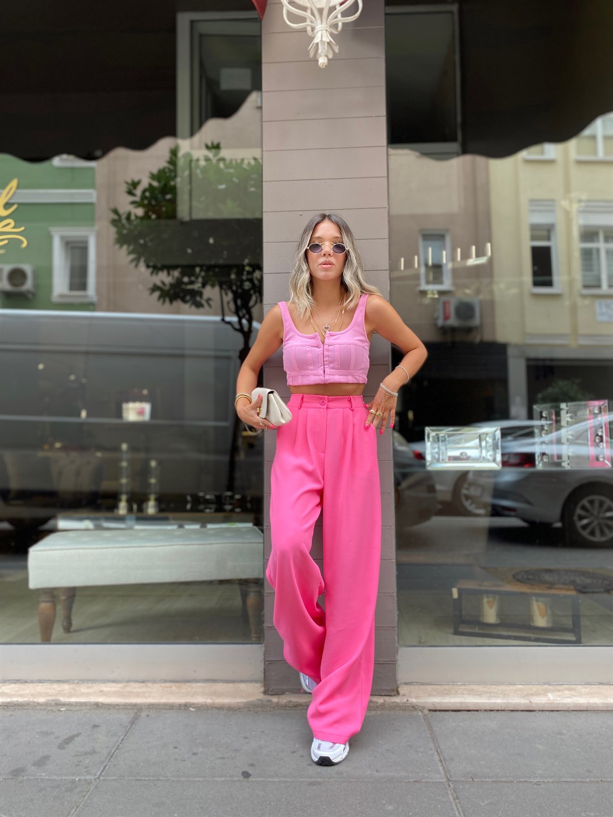 Şeker Pembe Beli Lastikli Krep Kumaş Palazzo Pantolon