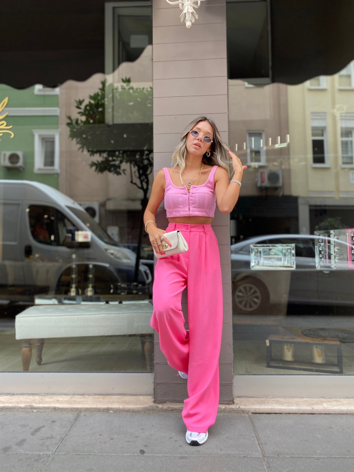 Şeker Pembe Beli Lastikli Krep Kumaş Palazzo Pantolon
