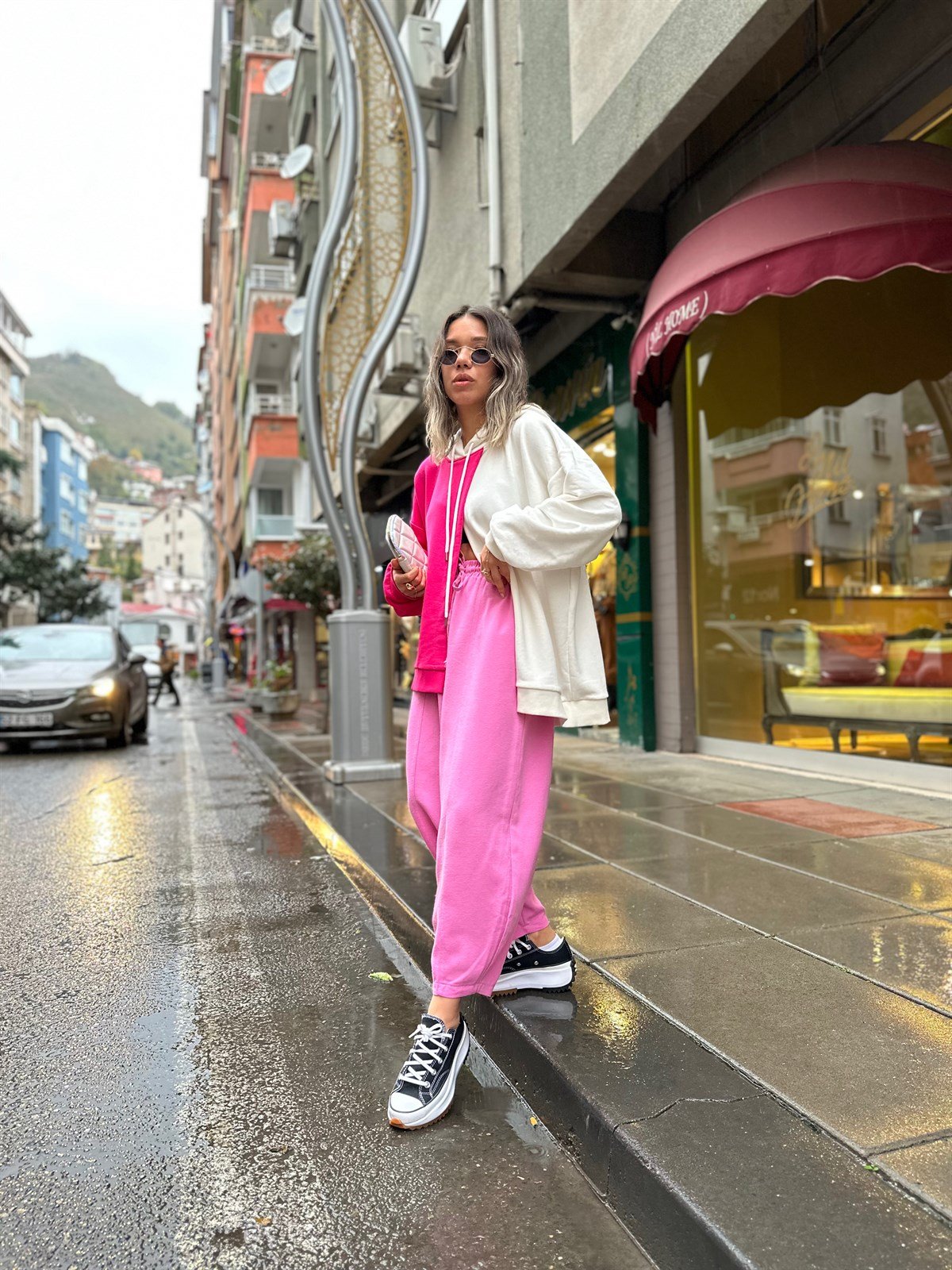 Şeker Pembe Beli Lastikli Ön Dikiş Detaylı Keten Şalvar Pantolon 