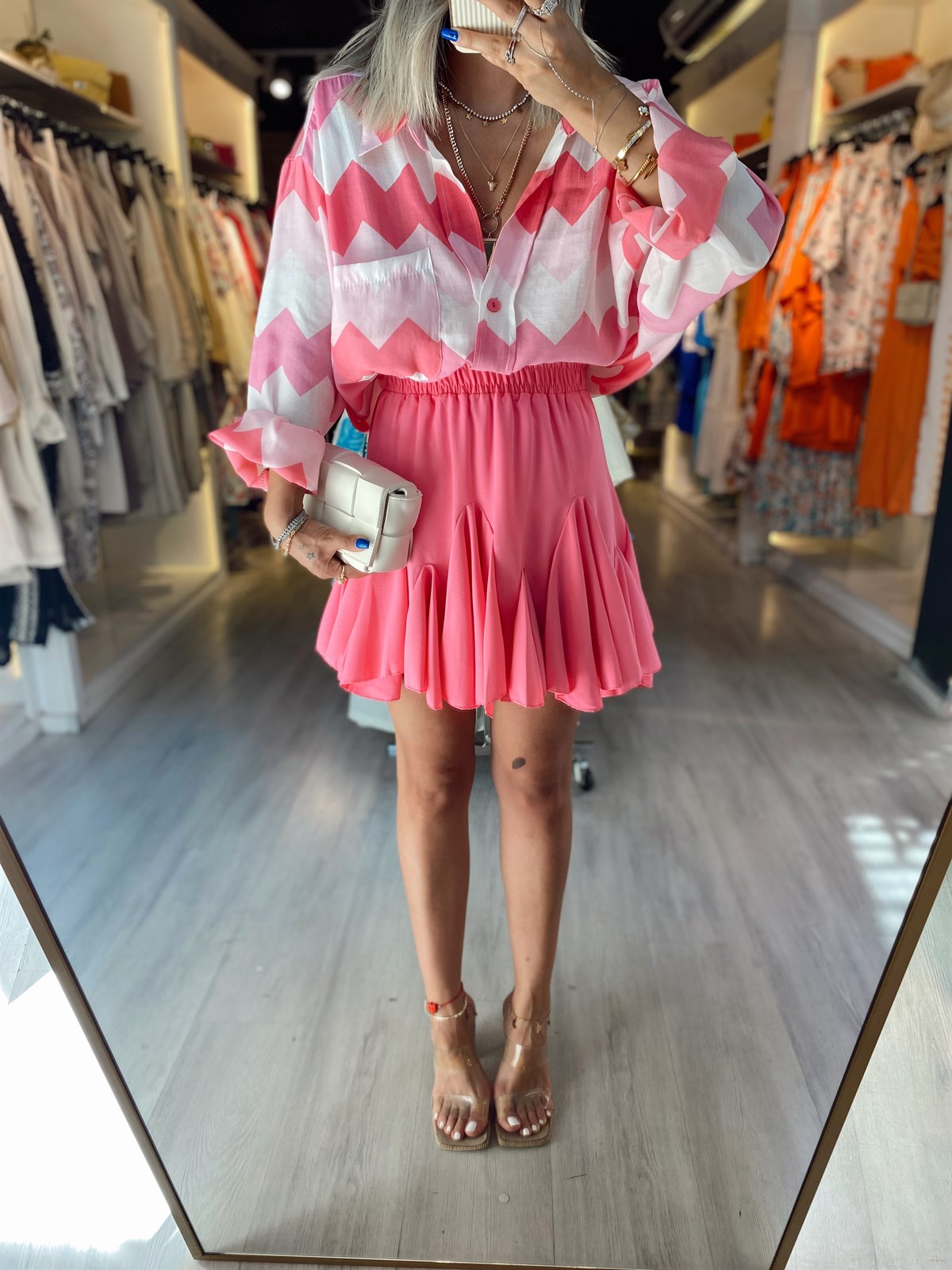 Şeker Pembe Beli Lastikli Şifon Etek 