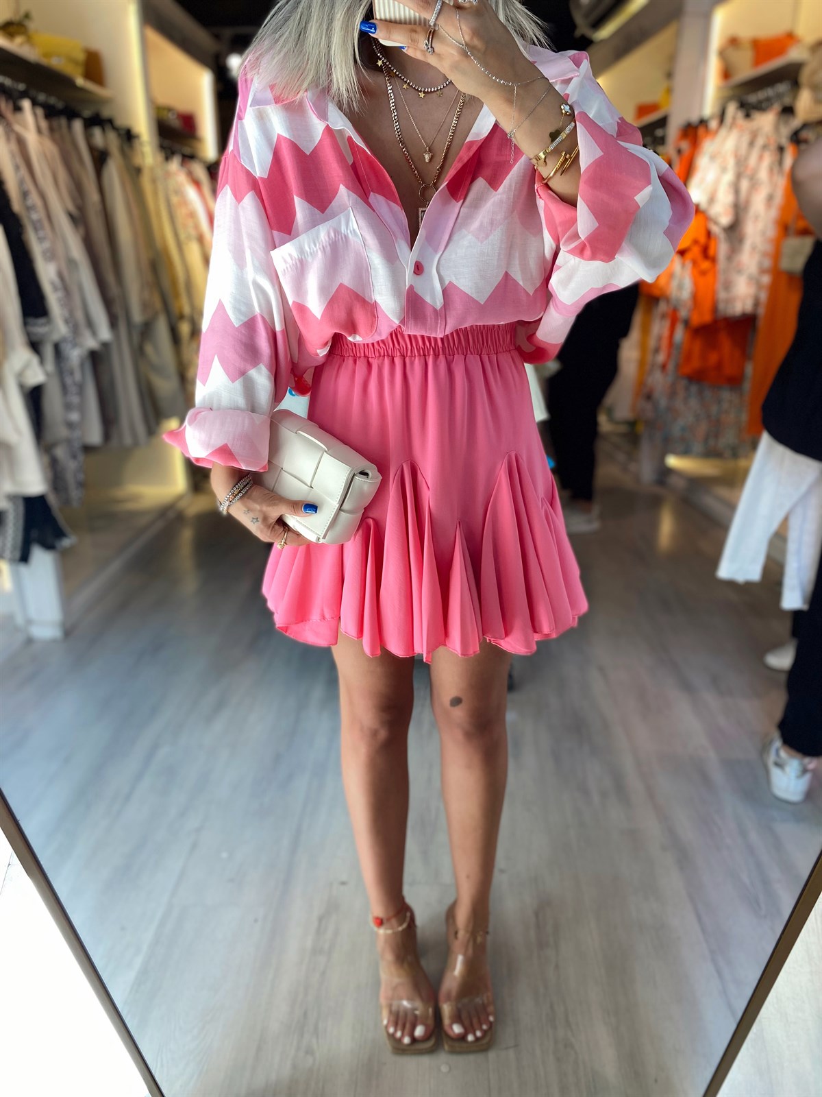 Şeker Pembe Beli Lastikli Şifon Etek 